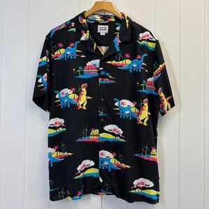 Party Pants Coachella Neon Tropical Dinosaur Button Up Shirt Size L Maximalist